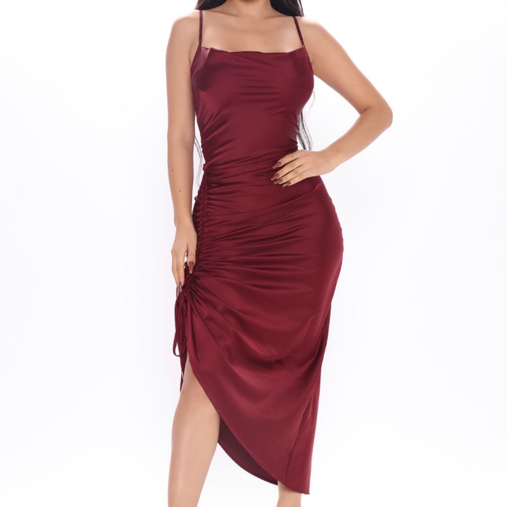 Burgundy Satin Midi Dress